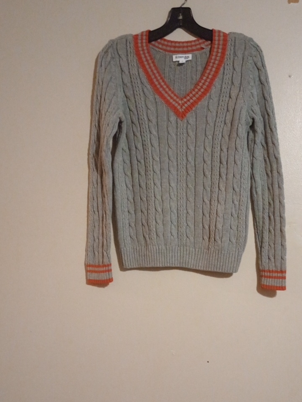 St. John's Bay Gray Cable Knit V-Neck Sweater with Orange Ribbed Trim Varsity